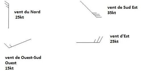 Exemples de notation du vent : direction et vitesse en nœuds