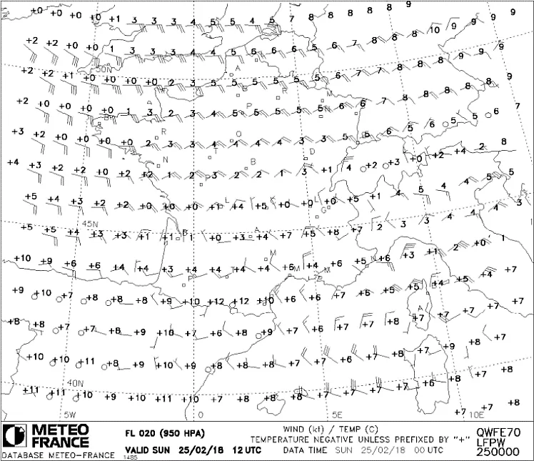 Exemple de lecture d'une carte WINTEM : vents et températures prévues par niveau de vol