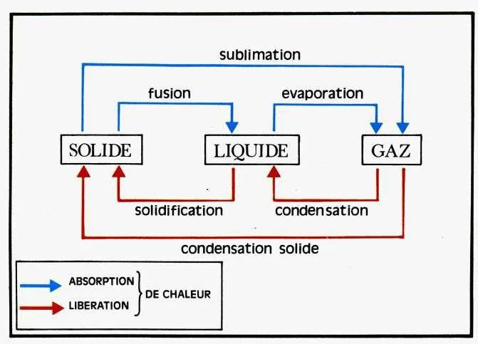 Diagramme des changements d'état de l'eau : évaporation, condensation, sublimation, fusion