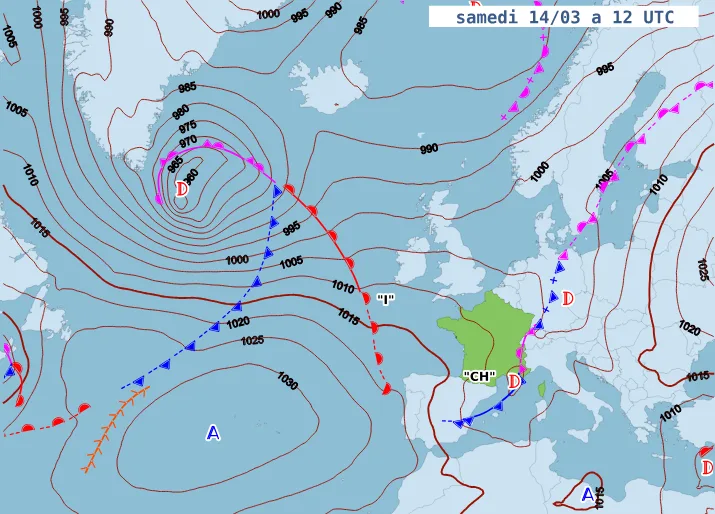 Carte isofront associant isobares et fronts sur une carte météo de surface