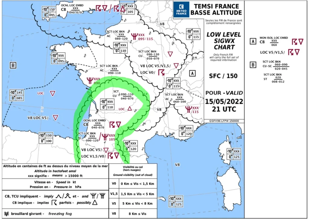 Carte TEMSI détaillée : zones, fronts, symboles de nébulosité et phénomènes significatifs
