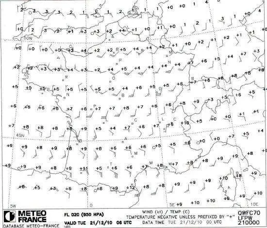 Carte des vents et températures prévues à différents niveaux de vol