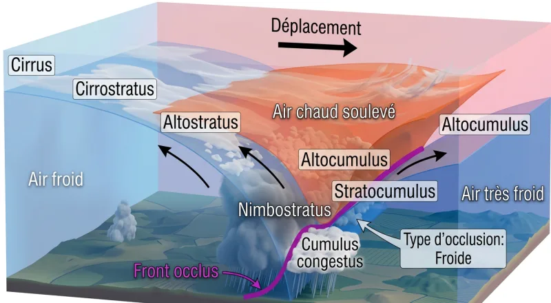 Front occlus : coupe 3D montrant l'air chaud rejeté en altitude entre les deux masses d'air froid
