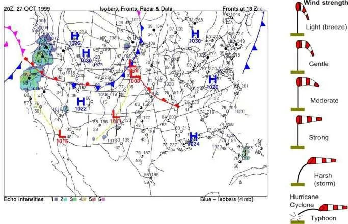 Carte d'analyse météorologique de surface : isobares, fronts et intensité du vent