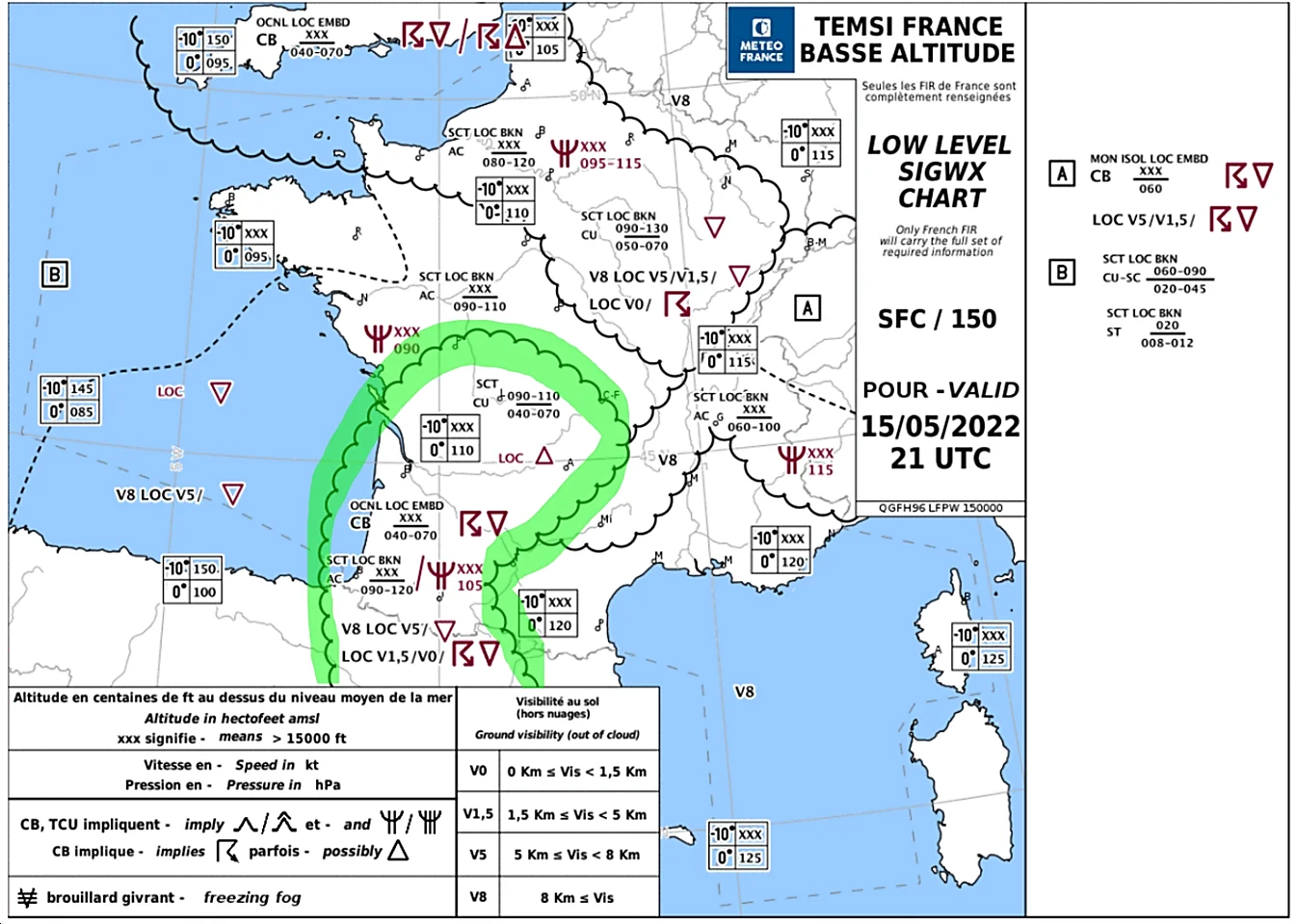 Carte TEMSI France basse altitude (Low Level SIGWX Chart) : zones de phénomènes significatifs, visibilité, nébulosité