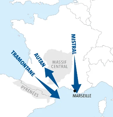 Carte des vents locaux de France : Mistral (vallée du Rhône), Tramontane (Languedoc) et Autan (Aquitaine)