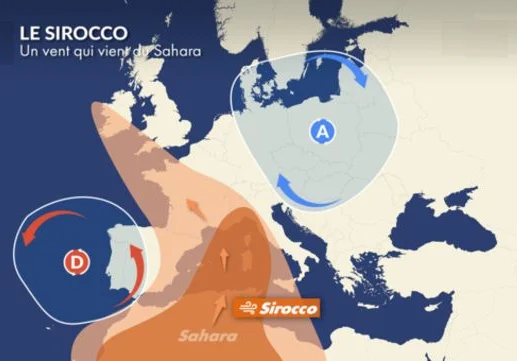 Le Sirocco : vent chaud et saharien venant du sud, traversant la Méditerranée vers l'Europe
