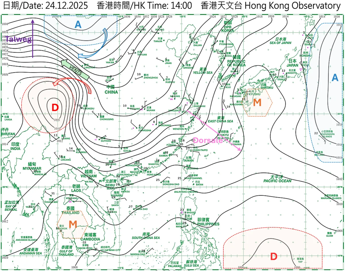 Carte isobarique corrigée — systèmes de pression annotés