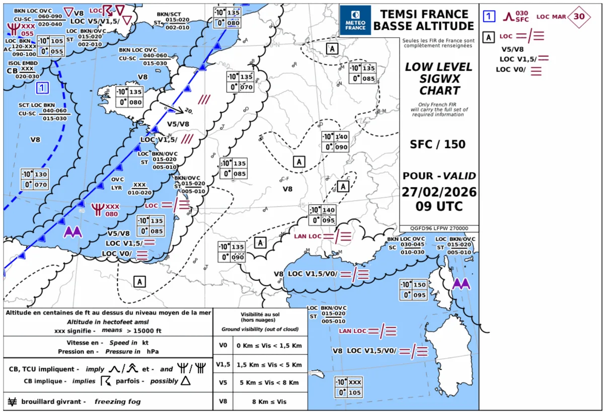 Carte TEMSI basse altitude — exercice Brest → Marseille