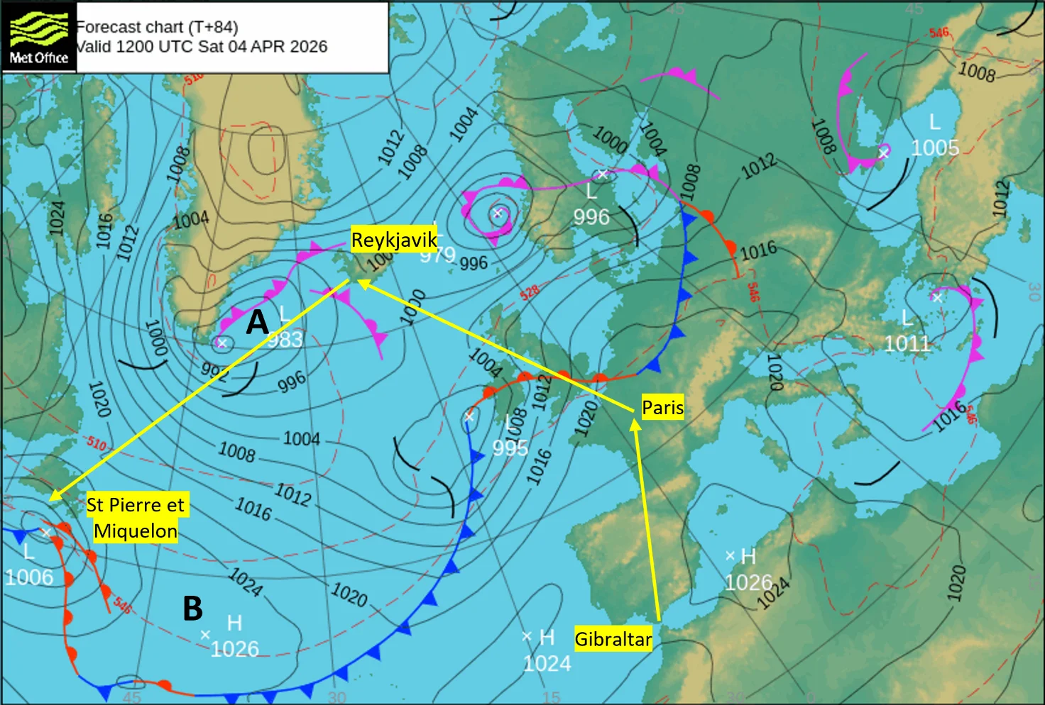 Carte isobares Met Office — Atlantique Nord avec fronts, dépressions et anticyclones, trajet Gibraltar → Paris → Reykjavik → St Pierre et Miquelon