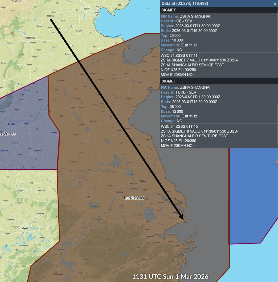 Carte SIGMET avec zones de givrage et turbulences