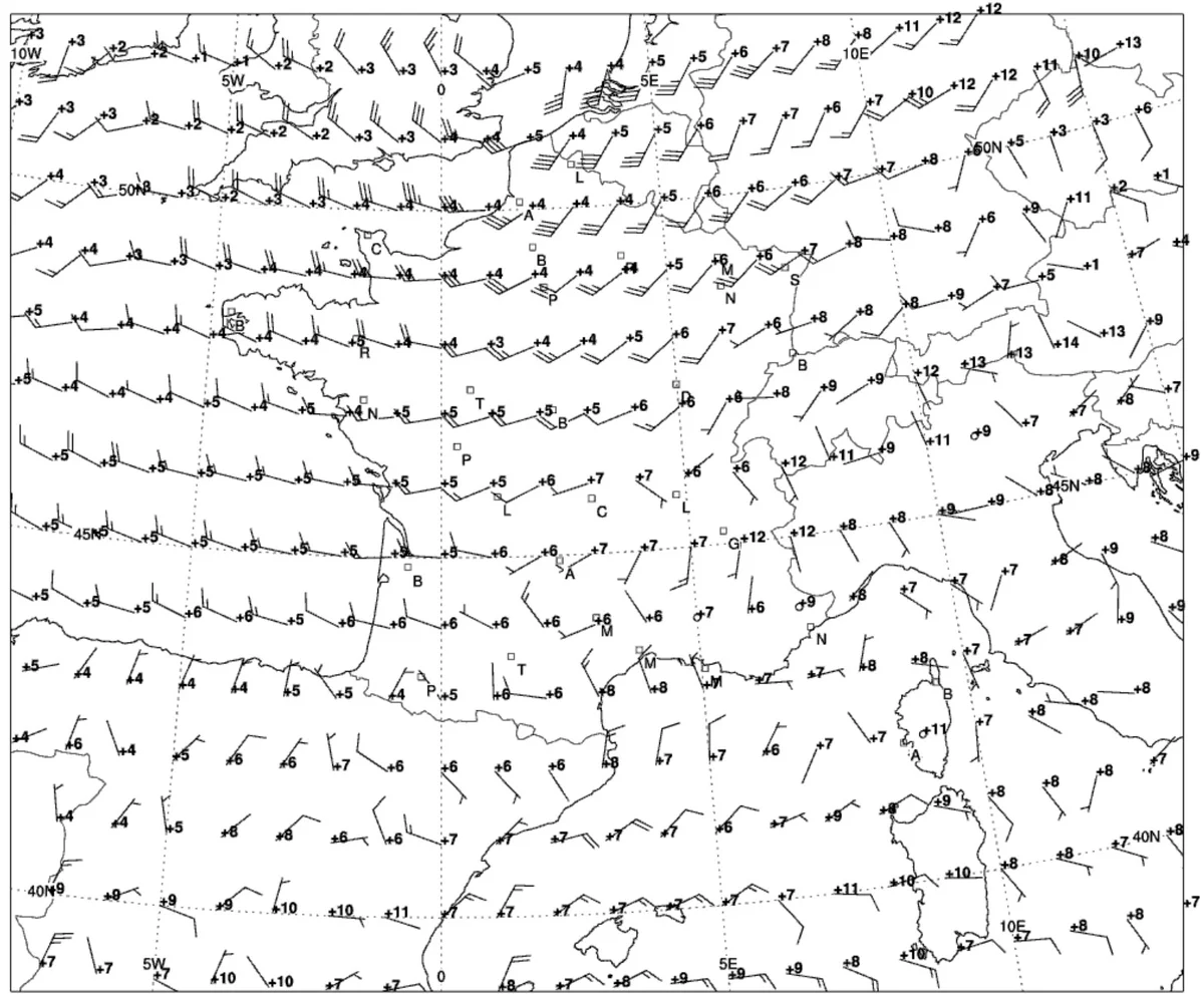 Carte de vents et températures en altitude sur l’Europe