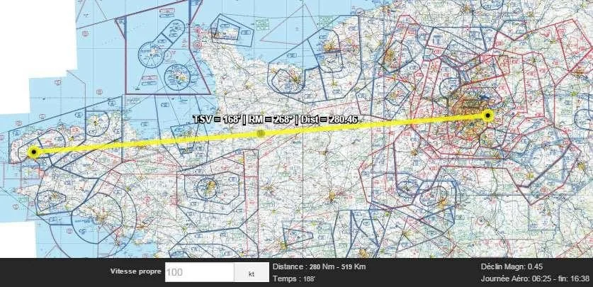 Carte OACI avec route tracée — cap 168°, route magnétique 268°